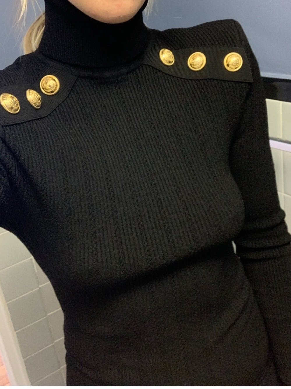 Balmain Black Ribbed Turtleneck Sweater with Gold Buttons